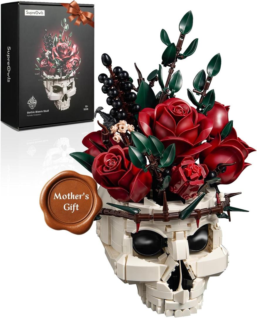 iATOM Skull Roses Flower Bouquet Building Set, Botanical Collection Kit for Adult Women, Birthday Gifts for Mothers Day for Her/Girlfriend/Mom/Wife/Couple, Goth Horror Skeleton Pot Home Table Decor