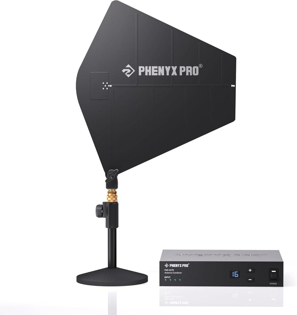 Phenyx Pro UHF Wireless Antenna Combiner Bundle for in-Ear Monitor System, 4-Way IEM Transmitter Combiner w/Active Directional Paddle Antenna, 16 Gain Control, Receiver Mounting Rod&Plate (PAS-227X)