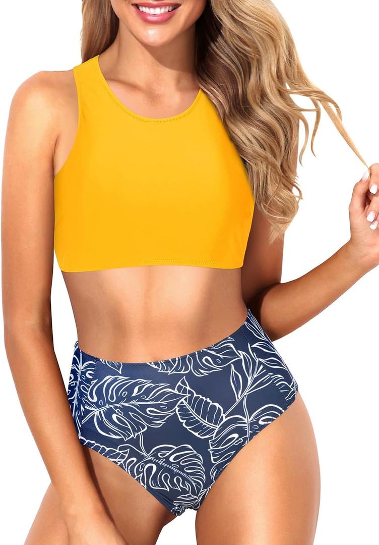 Tempt Me Women Two Piece High Waisted Bikini Set Sporty Swimsuits Bathing Suit with Bottom for Teen Girls (X-Large, Yellow and Blue Leaves)