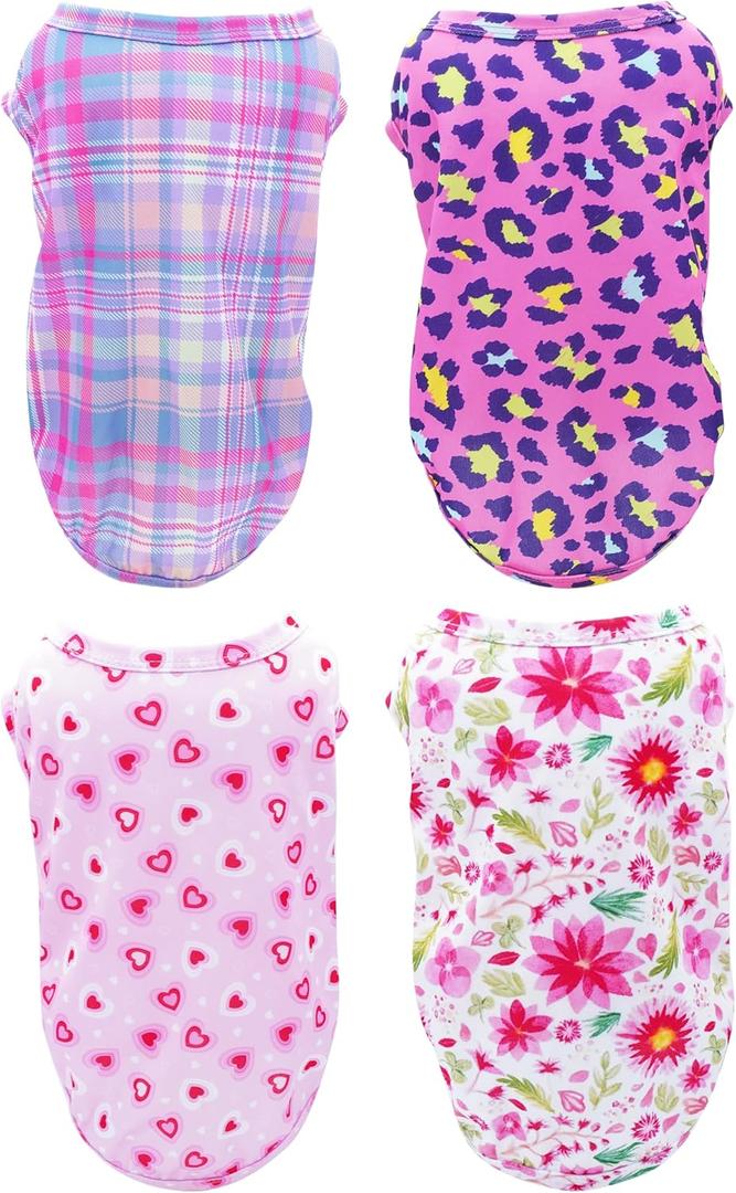PET SHOW 4 Pack Paw Bone Printed Dog Clothes Shirts Soft Vest Lightweight Sleeveless Cats Doggies T-Shirts Puppies Tank Top Tee for Small Medium Dogs White Black Pink Blue (Medium, Pink for Girls) (Medium)