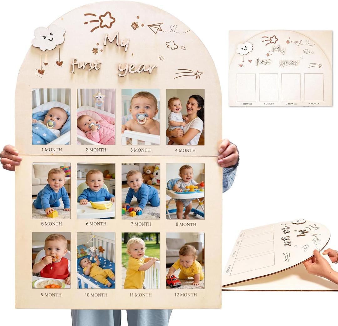 Large Foldable My First Year Photo Board, 33 x 22 Inch Wooden My First Year Photo Frame, First Year Photo Board for 12 Monthly Baby Pictures, First Birthday Decoration & Newborn Parents Gift (Cloud, 12 Photos)