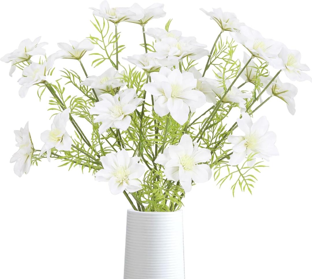 White Cosmos Artificial Flowers 8PCS Long Stem Silk Cosmos Artificial Flowers 25.6" Realistic Fake Clematis Flowers for DIY Home Kitchen Wedding Party Indoor Outdoor Decor (White)