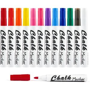 Volcanics 12 Pack Liquid Chalk Markers  12 Bright Colors  Round Tip Wet Erase, Dust-Free, Non-Toxic, Safe Chalk Pens for Chalkboards, Glass, Windows, LED Signs (Multicolor)