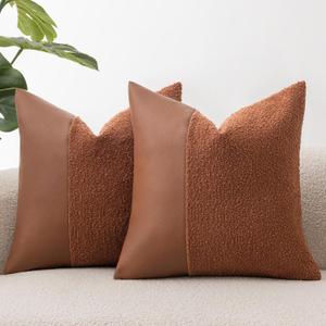 Set of 2 Fluffy Boucle Pillow Covers 18"x18", Rust Red Textured Throw Pillow Covers with Faux Leather Accents, Boho Decorative Pillow Cases for Couch, Bed, or Farmhouse Home Decor