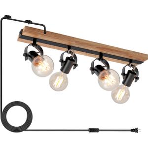 4-Light Plug in Ceiling Light Fixture, Farmhouse Wood Track Lighting with Adjustable E26 Heads, Kitchen Ceiling Light for Dining Room, Bedroom, Hallway, Natural Wood, Bulbs Not Included