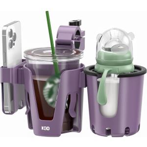 KDD Stroller Cup Holder with Phone Holder, 3-in-1 Removable Bottle Holder, 360 Degrees Rotation Drink Holder for Wheelchair, Stroller, Bike, Walker, Scooter, Bicycle, Nuna, Bugaboo, Doona (Purple)