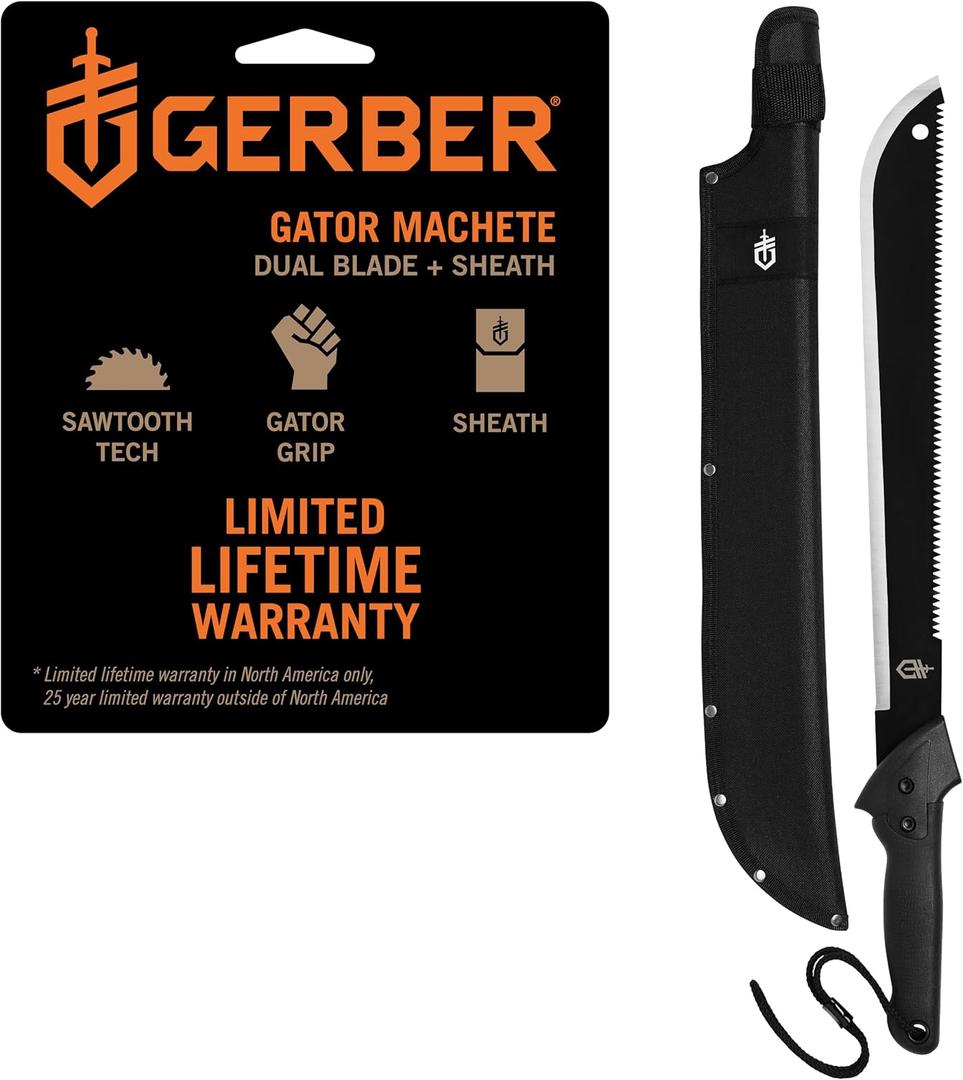 Gerber Gear Gator Machete 25" / 18" with Saw and Plain Edge Blade for Camping, Hunting, Gardening and Bushcraft, Includes a Gator Grip and Protective Sheath, Stainless Steel Blade