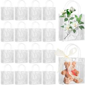 Takytao 50 Pcs Clear Gift Bags with Handles, Small Gift Bags Plastic Clear Bags with Champagne Ribbon Reusable Goodie Bags Clear Party Favor bags Bulk for Weddings Birthday Baby Shower Party (M-5.1 x 2.7 x 5.9 inches, Clear-5.1 x 2.7 x 5.9 inches)