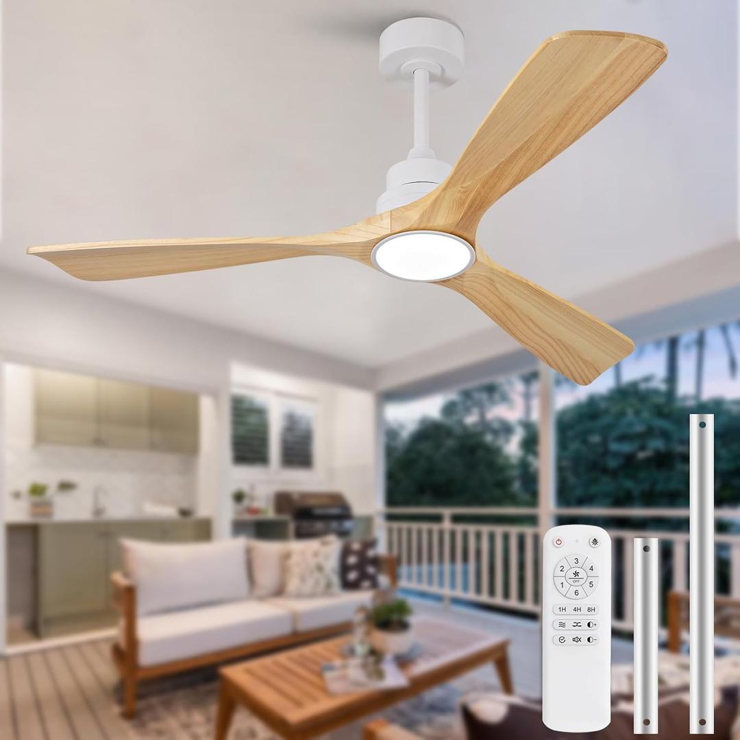 60 Inch Ceiling Fans with Lights and Remote Control, Dimmable LED Light, 3 Wood Blades, Modern Ceiling Fan with Light for Indoor Outdoor Patio Farmhouse, 6 Speeds Reversible DC Motor