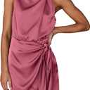 PRETTYGARDEN Women's Short Formal Satin Dress Summer Sleeveless Mock Neck Tie Waist Cocktail Party Dresses (Pink, S)