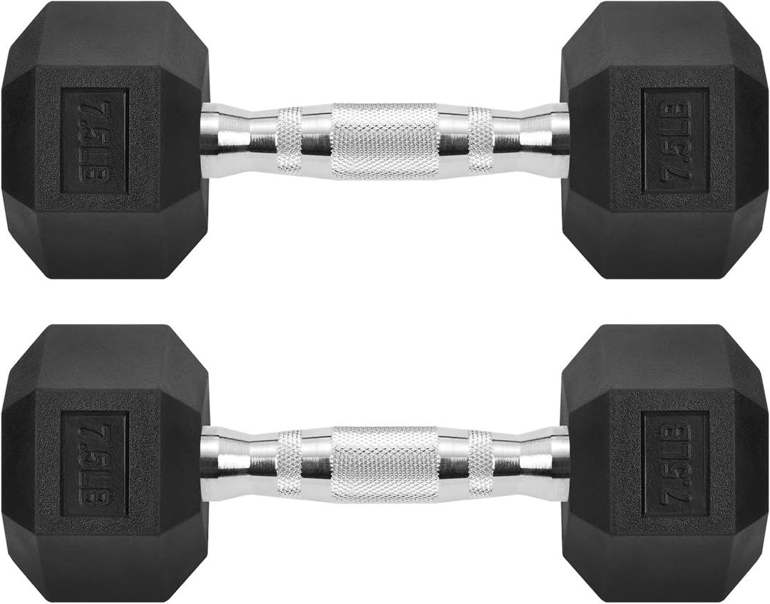 Hex Dumbbells Rubber Coated Cast Iron Hex Black Dumbbell Free Weights for Exercises, 7.5 Pounds / Pair