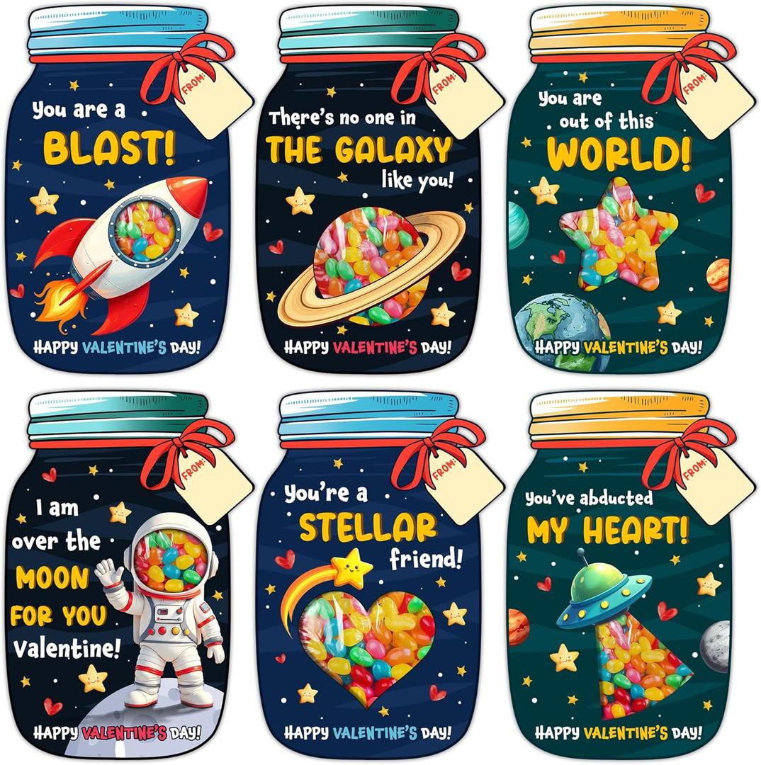 MAPDTWO 36 Packs Space Valentines Day Cards - Kids Valentines Cards for School Classroom Party Favors - Space Astronaut for Kids, 3.7''x 5.6'' Mason Jar Greeting Card Exchange (Candy Not Included)