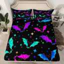 Erosebridal Halloween Bat Bedding Set King Size Glitter Stars Galaxy Bed Sheet Set for Kids Child, Cartoon Gothic Bats Fitted Sheet Halloween Decorations Teal Blue Green Purple (Multi 10)