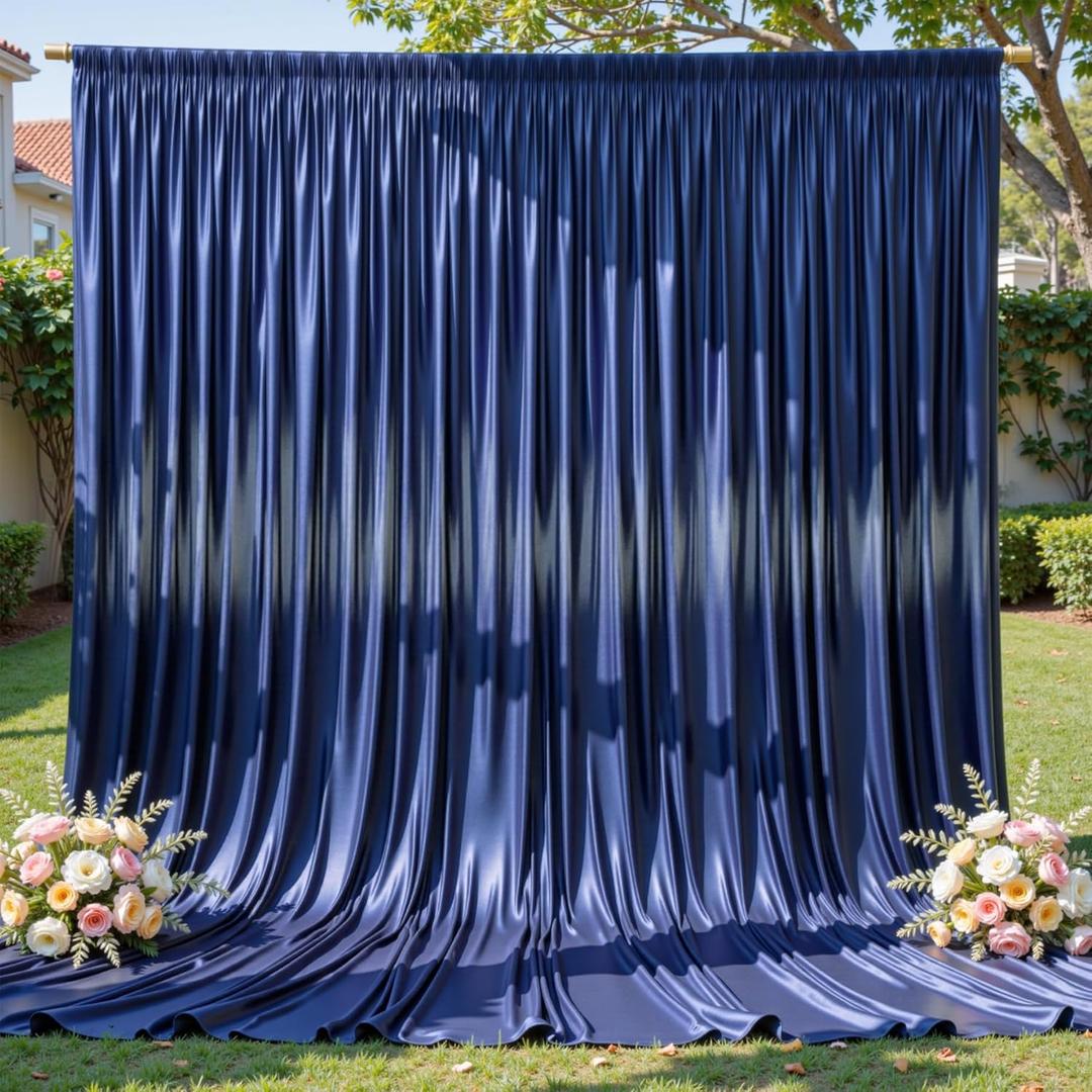 Navy Blue Satin Backdrop Curtains for Parties, 2 Panels 5FTx12FT Wrinkle Free Glitter Background Photo Backdrop Drapes for Wedding Birthday Photography Back Drop Cloth Holiday Festival Decor