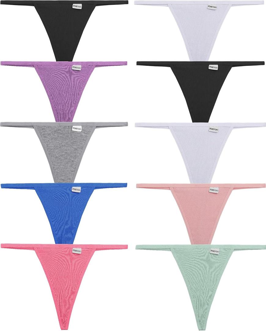 FINETOO 9 Pack G-String Thongs for Women Cotton Panties Stretch T-back Tangas Low Rise Hipster Underwear Sexy (L)