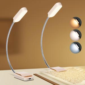 Book Light 2 Pack, Rechargeable Reading Lights for Books in Bed-Eye Caring 3 Colors, Stepless Dimming, 360° Flexible Studying Small Desk Lamp, Lightweight Clip-on LED Night Light for Book Lovers, Kids