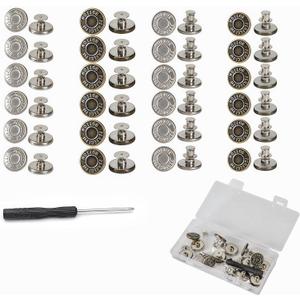 2 x 24 Sets Jean Button for Sewing Metal Jeans Denim,12 Sets Pin Buttons &12 Sets No-Sew Nailess Buttons with Screwdrivers,17mm