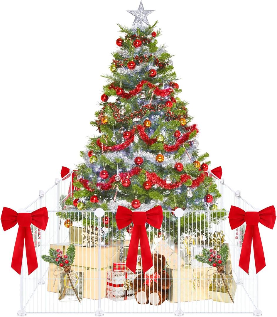 Aneco 12 Pieces Christmas Tree Fences 16 x 12 Inches Tall Christmas Trees Fences Metal Xmas Trees Gate with 6 Pine Branches 6 Red Bows 50 Cable Ties for Pets Kids Xmas Party Garden Barrier