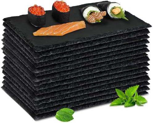Hoolerry 10 Pcs 8.7 x 6 Inch Slate Charcuterie Boards Bulk, Mini Slate Cheese Board Black Sushi Platters Individual Stone Serving Tray Plates for Food, Appetizers, Cheese, Meat, Party