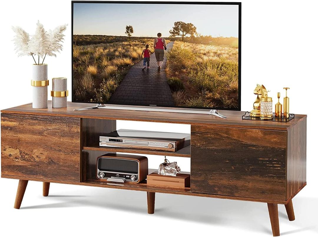 WLIVE TV Stand for 55 60 inch TV, Mid Century Modern TV Console, Entertainment Center with Storage for Living Room, Retro Brown 