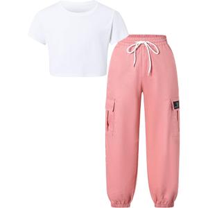 Betusline Girls 2 Piece Summer Outfits,Kids Casual Short Sleeve Crop Top & Cargo Jogger Pants Sets,4T-14Y