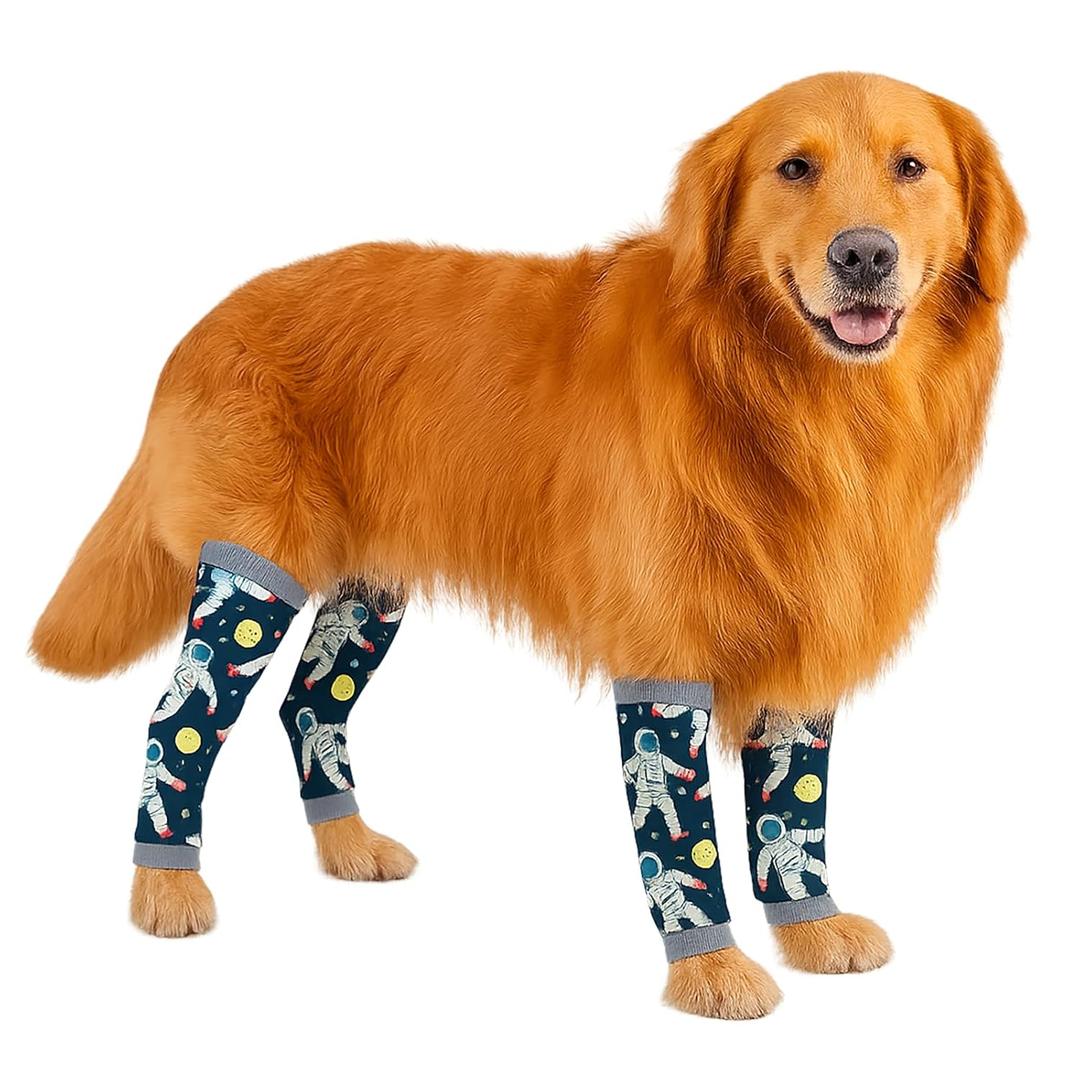 Petwarm Dog Recovery Leg Sleeves 4pcs Set Astronaut Print  Soft Anti-Lick Joint Support Wraps for Medium & Large Dogs, Cone-Free Surgery Protection, Grey, L