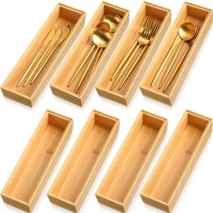 Kigley 8 Pieces Bamboo Drawer Organizer Kitchen Utensils Wooden Utensil Stackable Wooden Storage Box Bamboo Silverware Tray for Drawer(12 x 3 x 2 Inch, Wood)