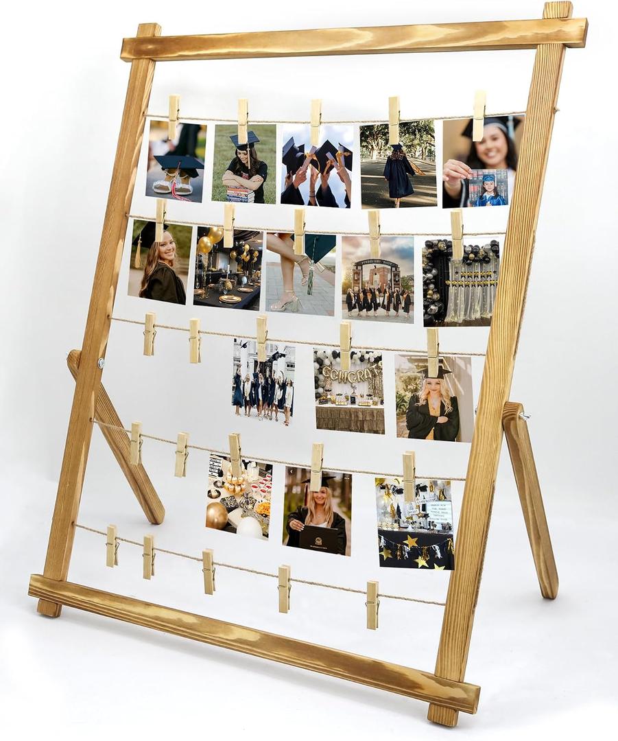 FramePro Freestanding Photo Display Board with Clips, Stable Tabletop Picture Frame Stand Holds 30+ Photos, Graduation Centerpiece Decorations 2026, Wooden Board for Photos, Artworks (Carbonized)