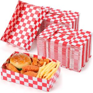 Norme 100 Pcs Disposable Red Checkered Cardboard Food Tray 8.6" x 5.5" x 2.3" Paper Snack Serving Container 4 Corner Pop up Hot Dog Box Holder Boat for Hamburger Movie Night Party Supplies