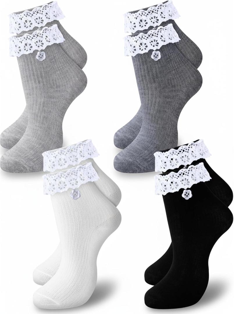 Fourluoo 4 Pairs of Women's Ruffle Frilly Socks Soft Breathable Lace Ankle Socks Cute Princess Dress for Women