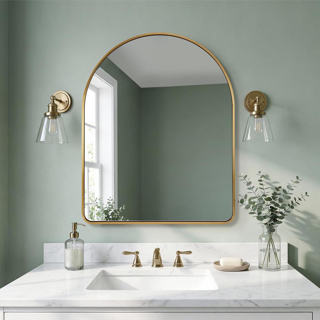 ANDY STAR 24x30 Brass Bathroom Mirror, Gold Arched Mirror, Arched Top Rounded Corner Seamless Tube Metal Framed, 1 SUS304-Anti-Rust, Wall Mounted Vertical for Bathroom, Entryway, Over Sinks
