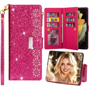 for Samsung Galaxy Z Fold 7 Bling Wallet Phone Case, Glitter Flip Leather Cover with Zipper Card Slots Holder Kickstand & Wrist Strap for Women Girls Galaxy Z Fold 7 - CSF Rose Red