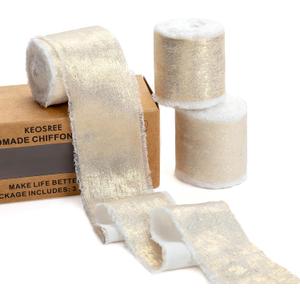 KEOSREE Champagne Gold Silk Chiffon Ribbon,Ivory White Frayed Shimmery Silk Ribbon for Bridal Flower Bouquet Gift Wrapping Wedding Decor Invitations Decorations 1.5" x 15 Yards (5Yards X 3 Rolls)