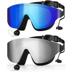Zoomsnail Swim Goggles 2 Pack, Rimless Wide View Swimming Goggles for Adult, Anti-Fog UV Leaking Pool Goggles for Men Women (Blue & Silver)