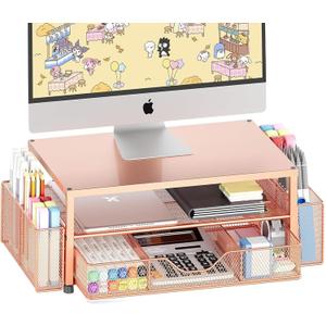 Desk Organizers and Accessories, 2-Tier Computer Monitor Stand with Drawer and 2 Pen Holders, Office Desk Accessories for Office Supplies, Rose Gold