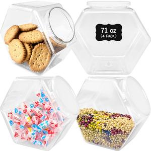 Woozettn 4 Pcs Plastic Candy Jars,71 Oz Clear Plastic Cookie Jars,Hexagonal Candy Containers with Lids for Kitchen,Dry Food,Candy,Dog Food,Cookies,Coffee Pod,Laundry Pod