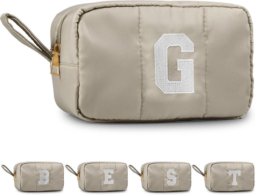 Puffy Makeup Bag for Women,Initial Cosmetic Bag,Cute Travel Toiletry Bag,Puffer Make Up Organizer Bags with Compartments,Personalized Gifts for Girlfriend Bridesmaid Teacher Graduation (Khaki gray, G)
