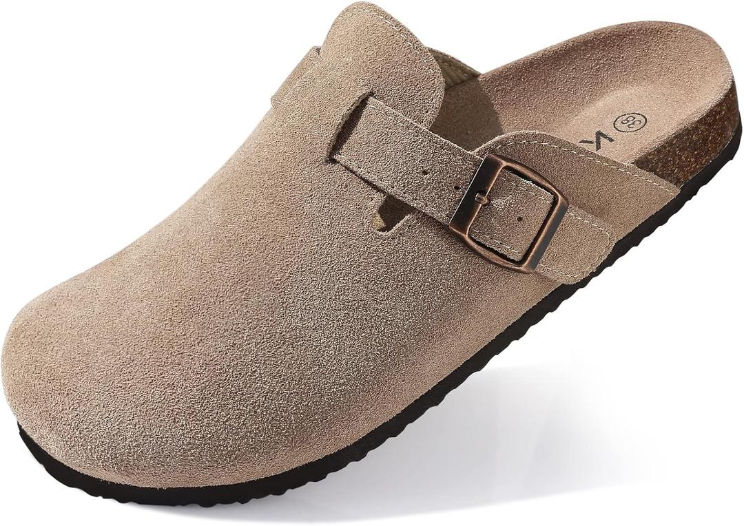 KIDMI Women's Suede Clogs Leather Mules Cork Footbed Sandals Potato Shoes with Arch Support (8.5, Taupe)