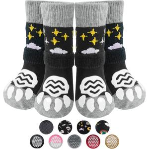 PUPTECK Anti Slip Dog Socks 2 Pairs with Double Grippers for Hardwood Floors, Shoes for Hot/Cold Pavement, Boots & Paws Protectors to Prevent Licking, Traction Booties for Senior Small Large Dogs (Black(Moon Star))