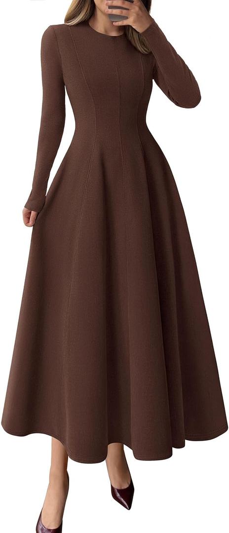 PRETTYGARDEN Cocktail Dresses for Women 2026 Elegant Classy Fall Long Sleeve Midi A Line Flowy Modest Winter Party Dress (Brown) S