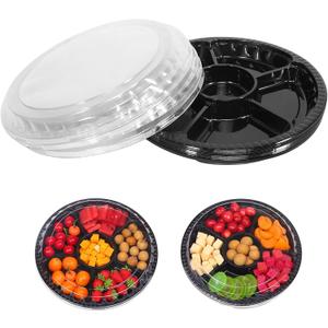 mwellewm 10 Pcs Round Plastic Appetizer Tray with Lid Divided Serving Tray, Disposable Food Storage Containers, Plastic Tray Storage, Kids Snack, Fruit Platter Vegetable Trays for Party and Buffet