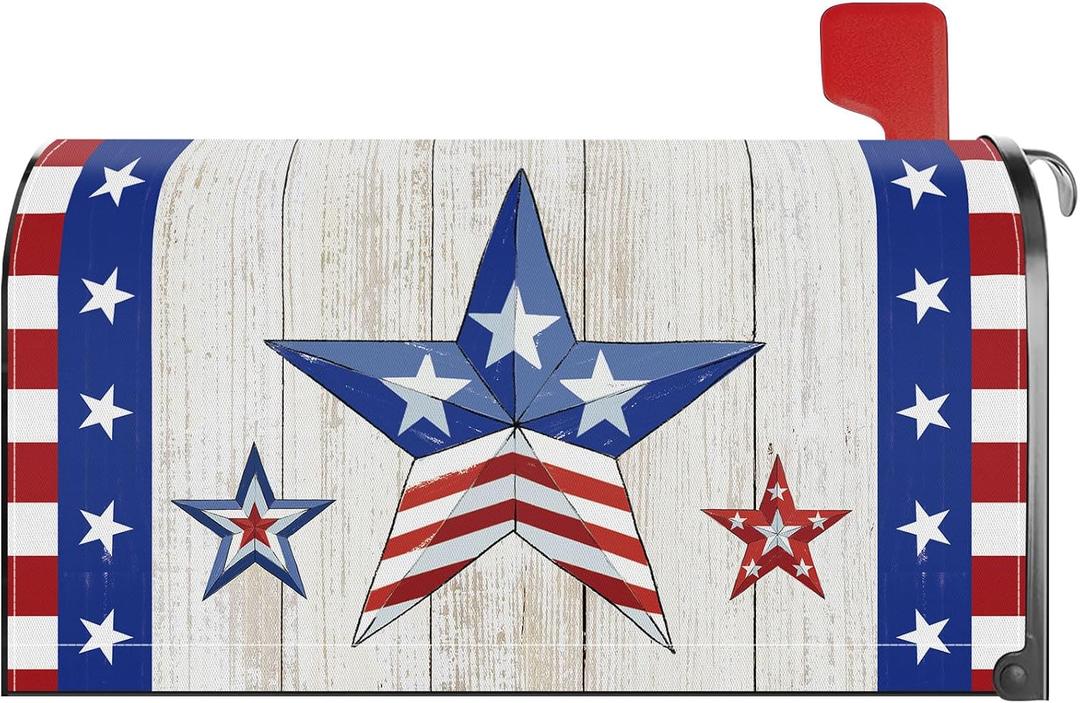 4th of July Patriotic Blue Red Star Mailbox Cover Magnetic Standard Size 21x18 Inch Independence Day Memorial Day Decorative Post Letter Box Wrap Decor Garden Yard Decoration