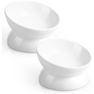 LoeJan Elevated Cat Food Bowl, 5 Oz Ceramic Raised and Tilted Water Bowl, Anti Vomiting and Protect Pets' Spines Dishes for Small Dog, Fat Faced Cat, Kitten (White, 1 Pack)