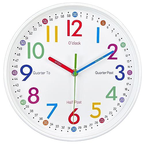 AIRUIFU Learning Clock for Kids-Telling Time Easily Non Ticking Battery Operated Silent Colorful Teaching Time Clock Decorative for Kids Room Classroom School Playroom (10 Inch)