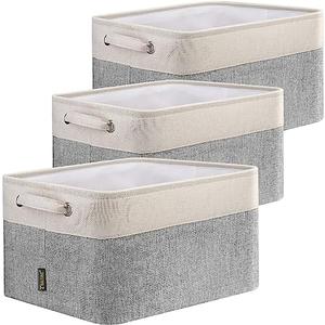 BALEINE 3 Pack Fabric Storage Bins for Shelves, Linen Storage Baskets for Organizing, Decorative Closet Bins for Clothes, Home (Grey, 15"x11"x9.5")