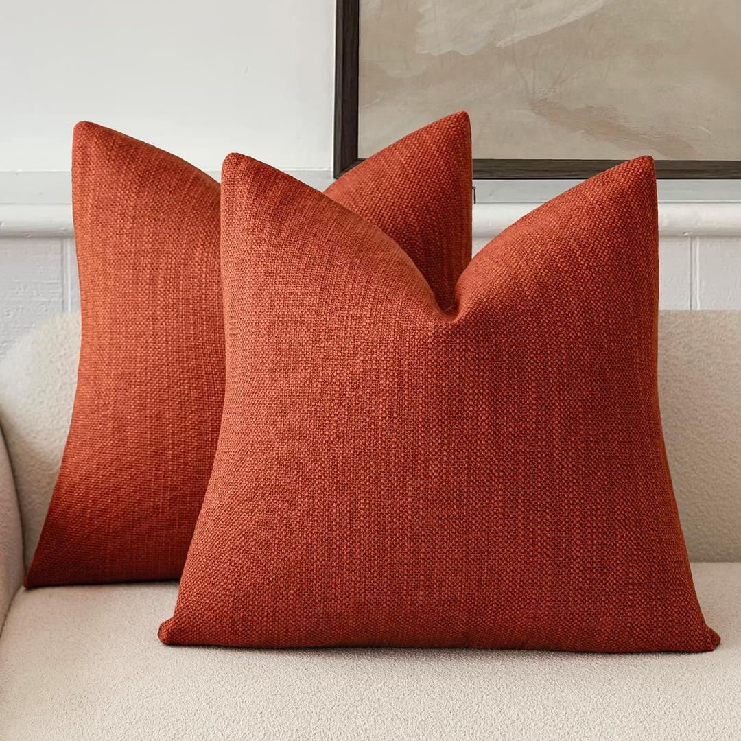 Foindtower Set of 2 Decorative Textured Burlap Linen Throw Pillow Covers Farmhouse Boho Cushion Cover Solid Accent Pillowcase for Couch Sofa Bed Living Room Home Decor,18×18 Inch,Fall Orange Hazel