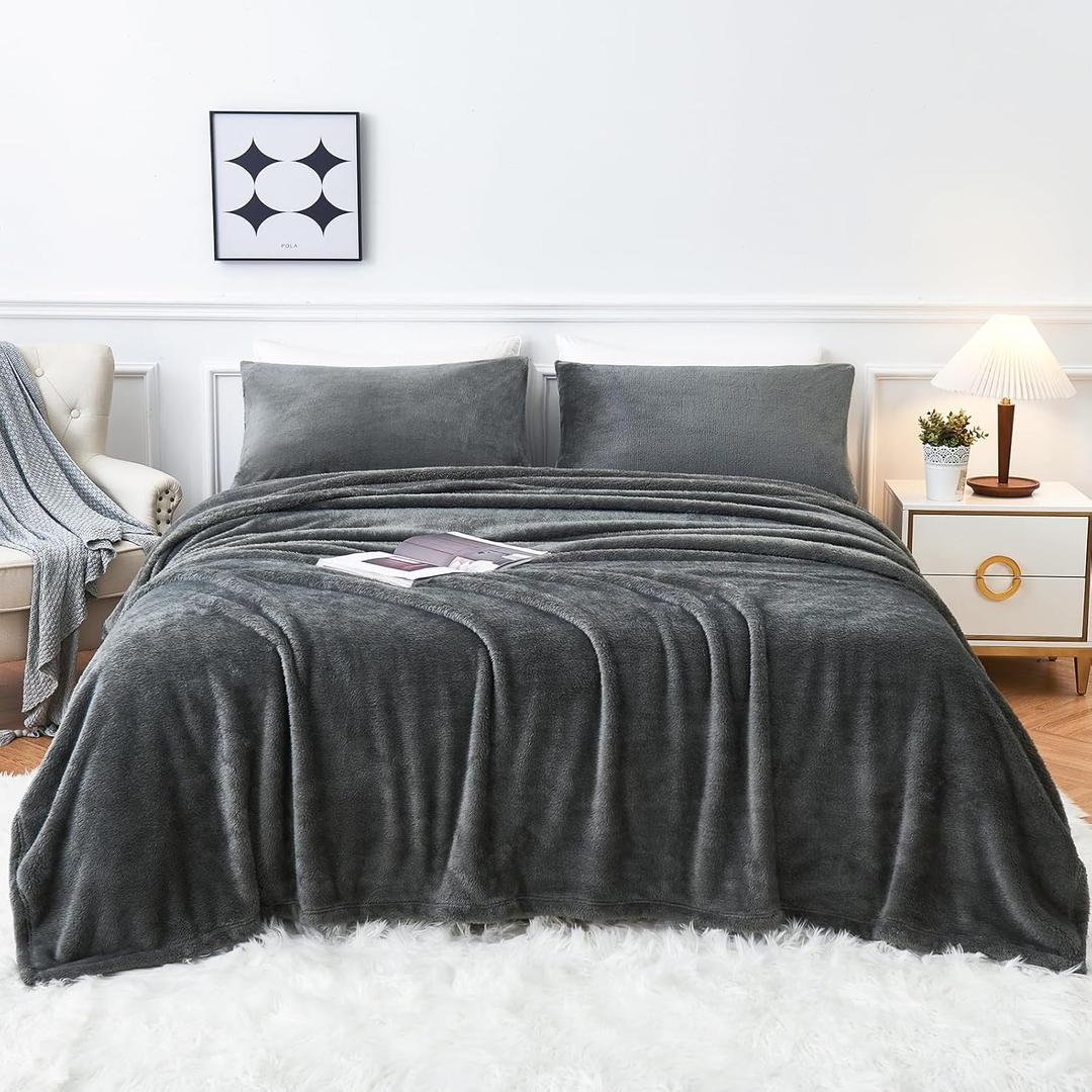 YIYEA Faux Fur Sheets, Luxury Ultra Soft Fleece Bed Sheets Set, Fluffy Plush Velvet Bedding for Fall Winter, Cozy Warmth, No Shedding, 4PC, Queen, Dark Gray