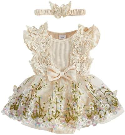 Douhoow Baby Girl Dress Romper Baby Romper Dress Flowers Embroidery Tulle Skirt Infant Girl Summer Clothes with Headband 0-3 Months