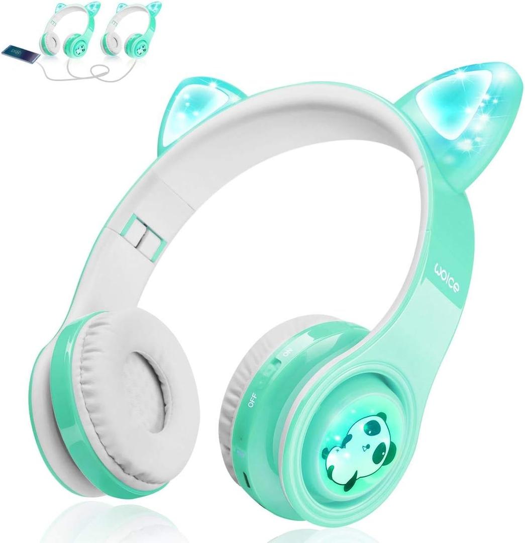 Woice Kids Bluetooth Headphones, Cat Ear LED Light Wireless Foldable Headphones Over Ear with Mic, Music Sharing Function and 0-85dB /110dB Limited for iPhone/iPad/Smartphones/Laptop/PC(Mint)
