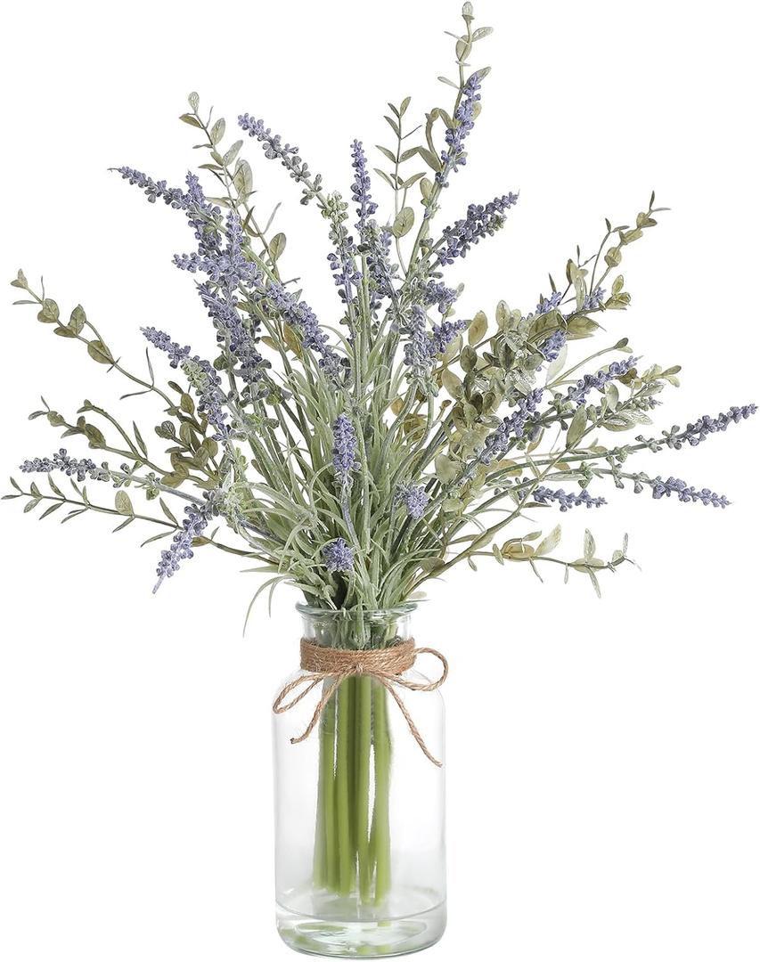 Artificial Lavender Stems in Glass Vase with Faux Water,15" Artificial Plants Eucalyptus Leaves for Shelf Desk Bathroom Farmhouse Room Coffee Table Home Decor